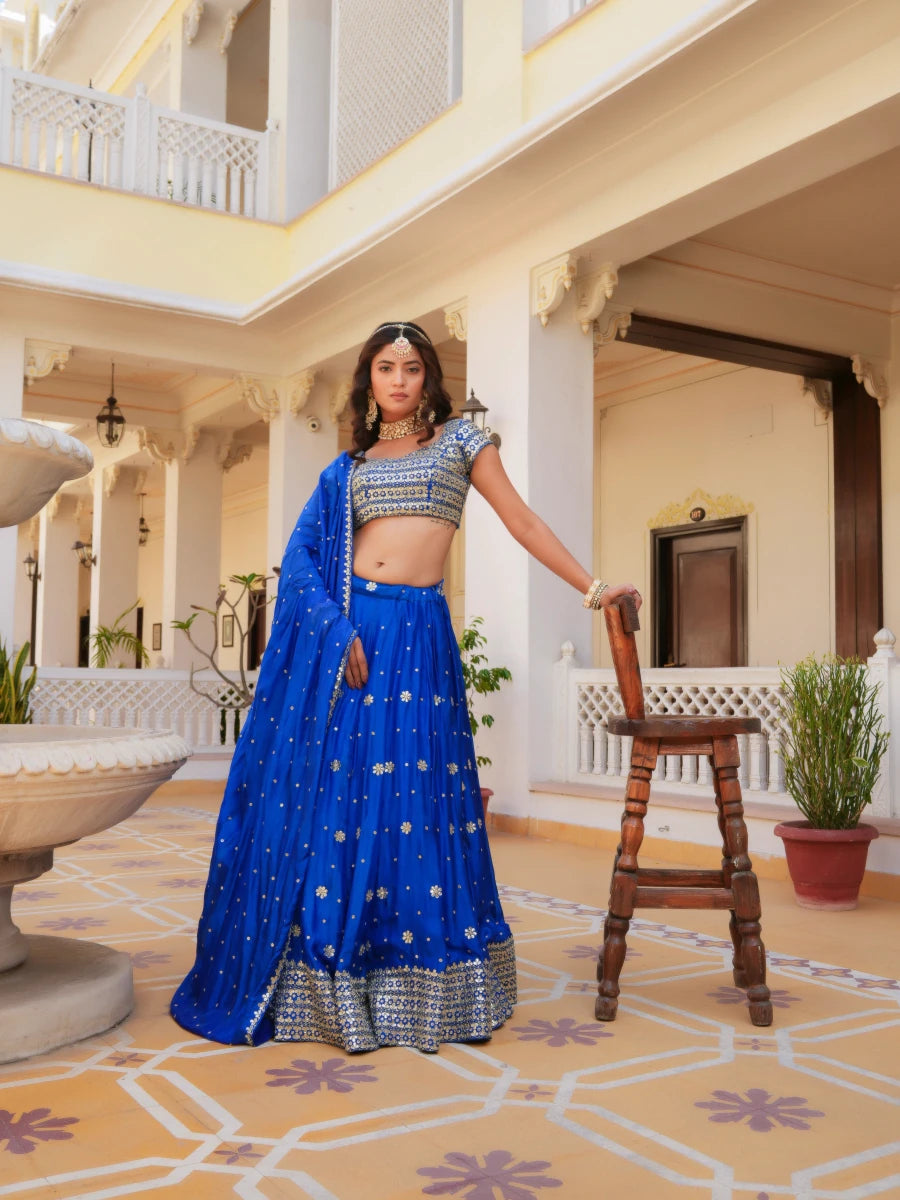 MEHFIL RUHANI NEEL ZARI GOTA PATTI HAND WORK SILK LEHENGA SET WITH DUPATTA - Pomcha Jaipur