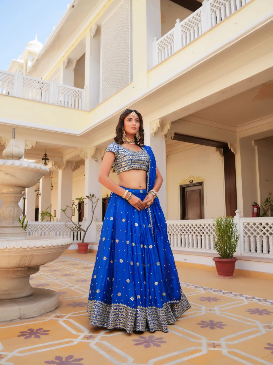 MEHFIL RUHANI NEEL ZARI GOTA PATTI HAND WORK SILK LEHENGA SET WITH DUPATTA - Pomcha Jaipur