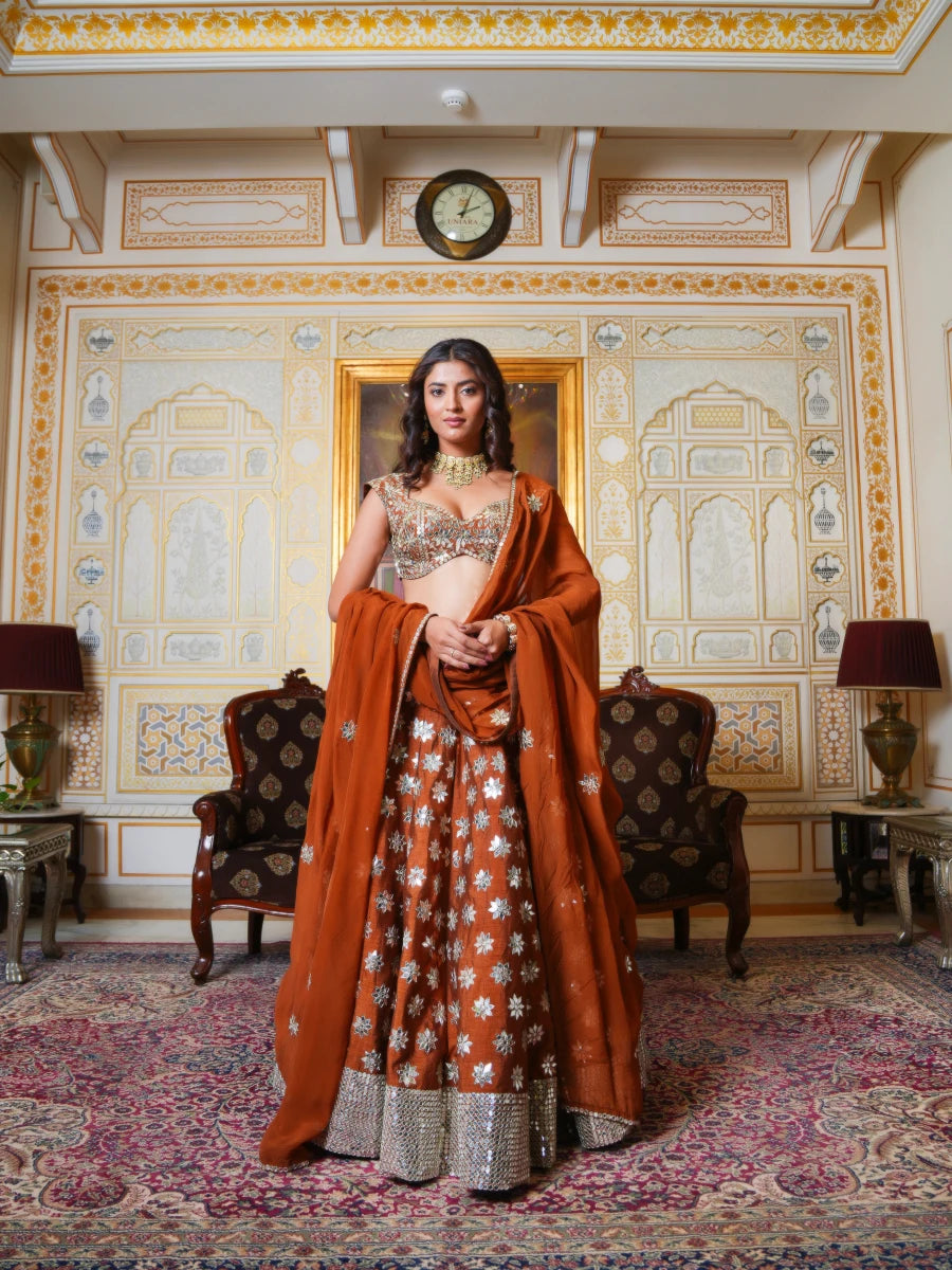 MEHFIL SUNEHRI SHISHA HAND WORK LEHENGA SET WITH ORGANZA DUPATTA - Pomcha Jaipur