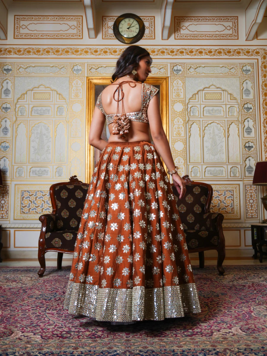 MEHFIL SUNEHRI SHISHA HAND WORK LEHENGA SET WITH ORGANZA DUPATTA - Pomcha Jaipur