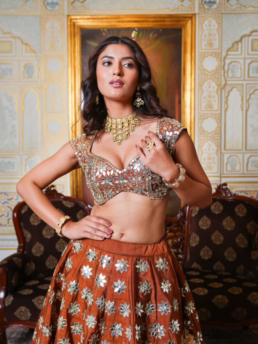 MEHFIL SUNEHRI SHISHA HAND WORK LEHENGA SET WITH ORGANZA DUPATTA - Pomcha Jaipur