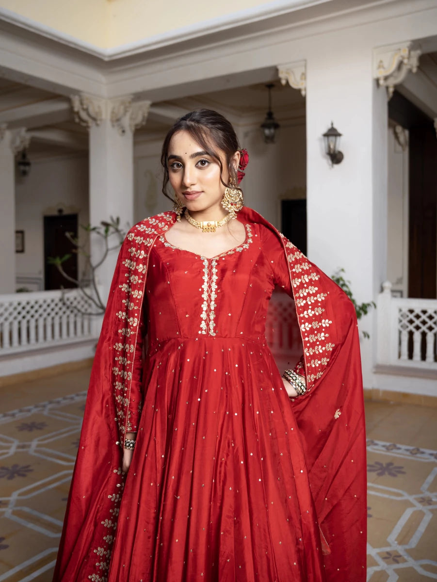 MEHFIL SURKH E LAAL SILK GOTA PATTI HAND WORK ANARKALI SUIT SET WITH SILK DUPATTA - Pomcha Jaipur
