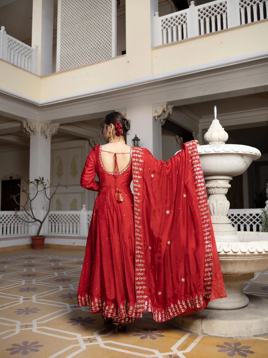 MEHFIL SURKH E LAAL SILK GOTA PATTI HAND WORK ANARKALI SUIT SET WITH SILK DUPATTA - Pomcha Jaipur