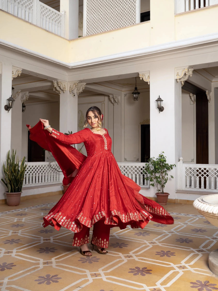 MEHFIL SURKH E LAAL SILK GOTA PATTI HAND WORK ANARKALI SUIT SET WITH SILK DUPATTA - Pomcha Jaipur