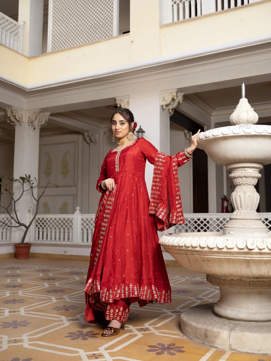 MEHFIL SURKH E LAAL SILK GOTA PATTI HAND WORK ANARKALI SUIT SET WITH SILK DUPATTA - Pomcha Jaipur