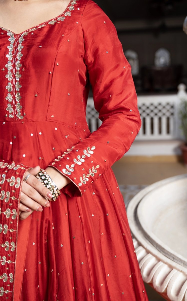 MEHFIL SURKH E LAAL SILK GOTA PATTI HAND WORK ANARKALI SUIT SET WITH SILK DUPATTA - Pomcha Jaipur