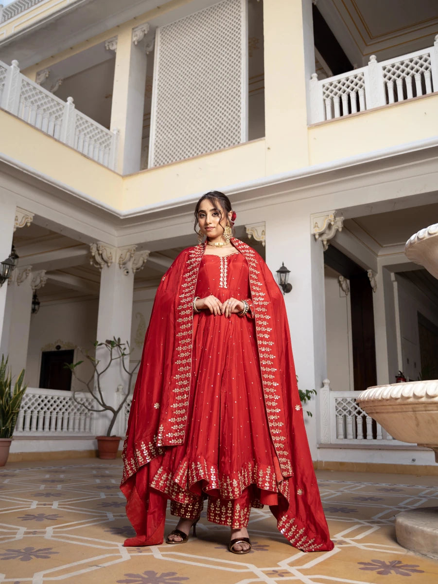 MEHFIL SURKH E LAAL SILK GOTA PATTI HAND WORK ANARKALI SUIT SET WITH SILK DUPATTA - Pomcha Jaipur