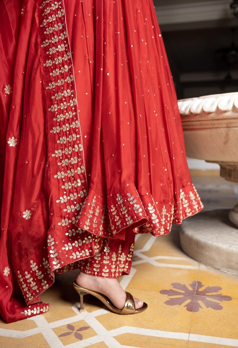 MEHFIL SURKH E LAAL SILK GOTA PATTI HAND WORK ANARKALI SUIT SET WITH SILK DUPATTA - Pomcha Jaipur