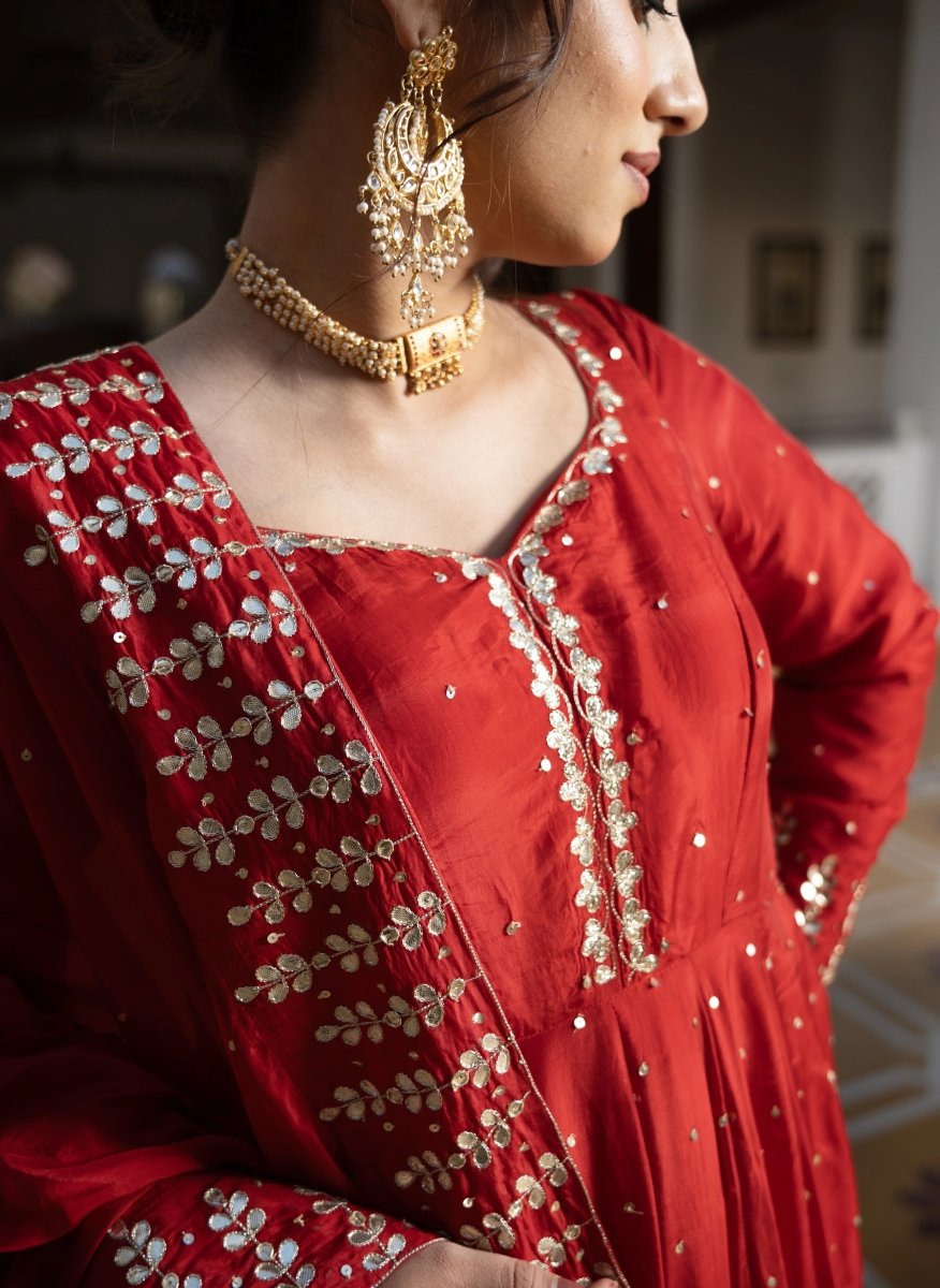 MEHFIL SURKH E LAAL SILK GOTA PATTI HAND WORK ANARKALI SUIT SET WITH SILK DUPATTA - Pomcha Jaipur