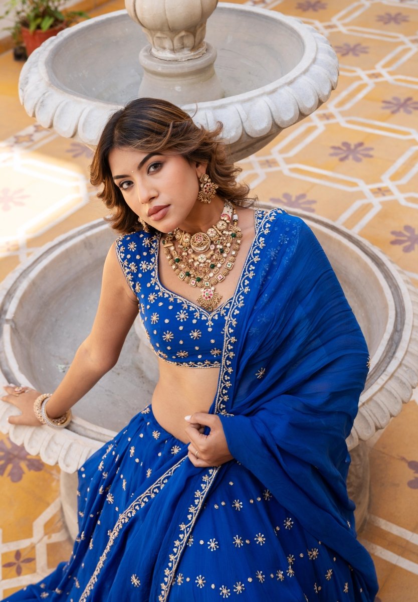 MEHFIL SURMAI NEEL ZARI DABKA HAND WORK ORGANZA LEHENGA SET WITH DUPATTA - Pomcha Jaipur