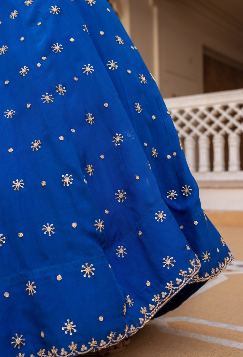 MEHFIL SURMAI NEEL ZARI DABKA HAND WORK ORGANZA LEHENGA SET WITH DUPATTA - Pomcha Jaipur