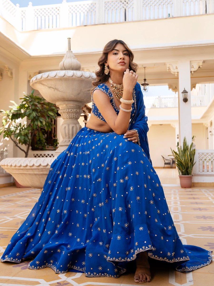 MEHFIL SURMAI NEEL ZARI DABKA HAND WORK ORGANZA LEHENGA SET WITH DUPATTA - Pomcha Jaipur