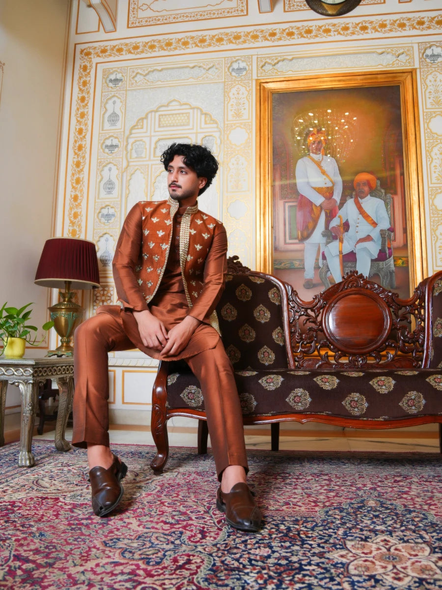 MEN'S LUXE COPPER MIRROR HAND WORK KURTA SET WITH NEHRU JACKET - Pomcha Jaipur