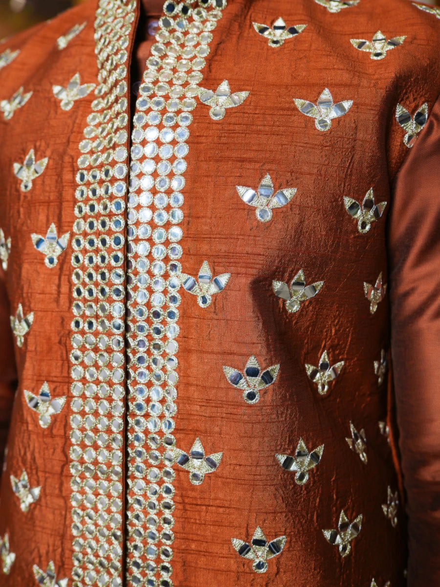MEN'S LUXE COPPER MIRROR HAND WORK KURTA SET WITH NEHRU JACKET - Pomcha Jaipur