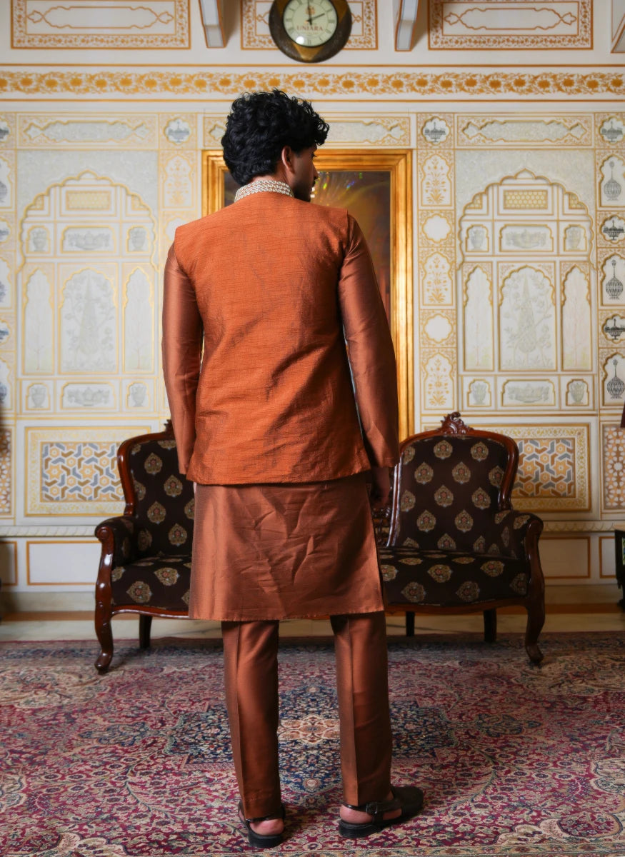 MEN'S LUXE COPPER MIRROR HAND WORK KURTA SET WITH NEHRU JACKET - Pomcha Jaipur