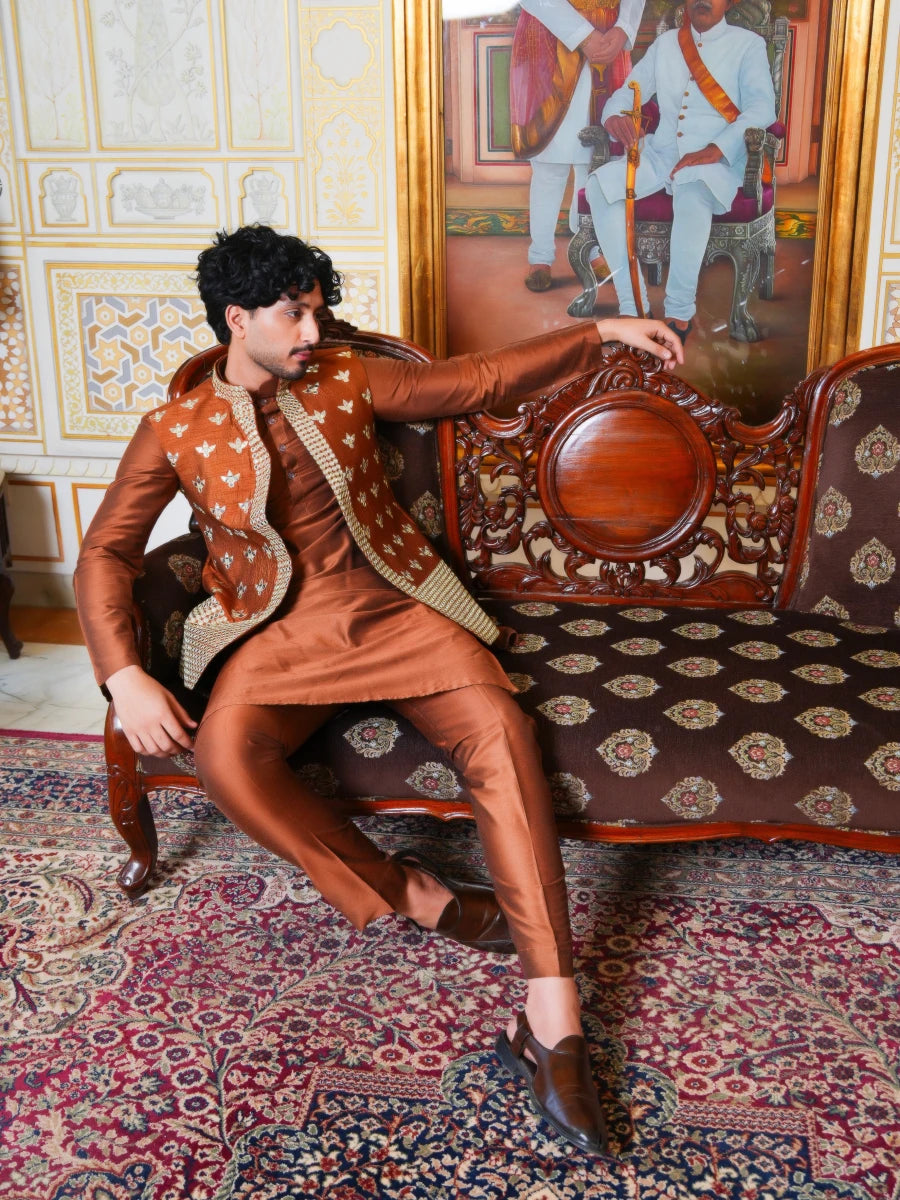 MEN'S LUXE COPPER MIRROR HAND WORK KURTA SET WITH NEHRU JACKET - Pomcha Jaipur