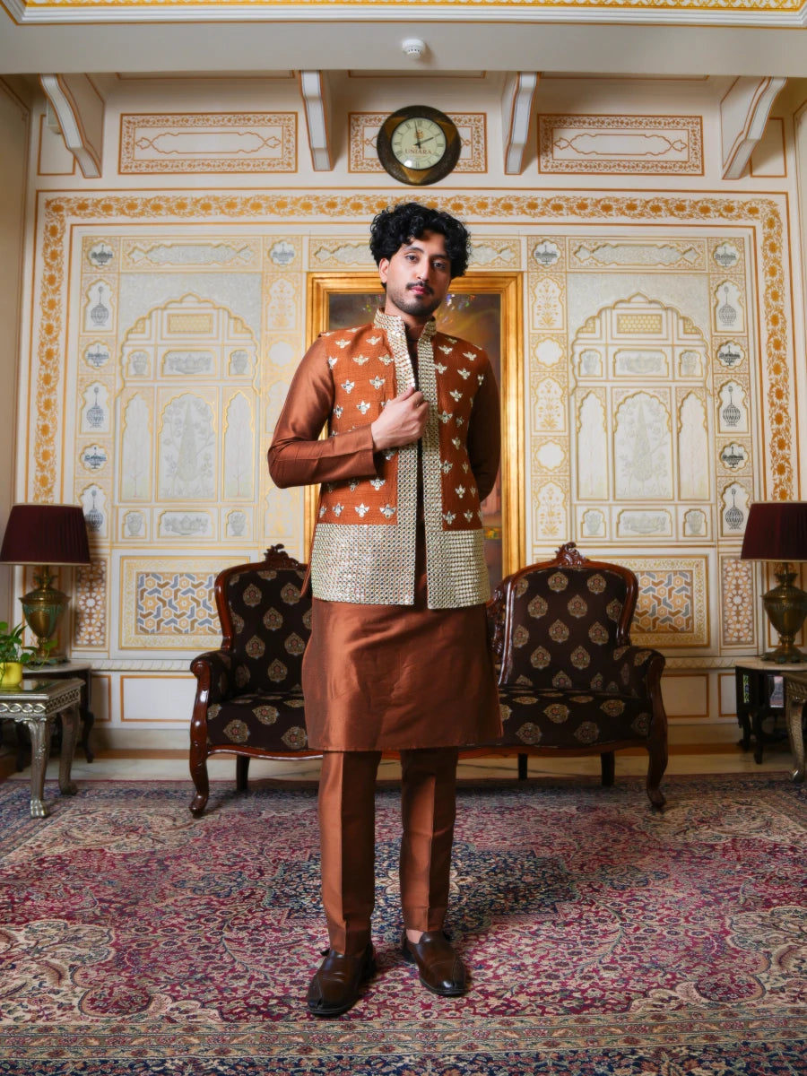 MEN'S LUXE COPPER MIRROR HAND WORK KURTA SET WITH NEHRU JACKET - Pomcha Jaipur