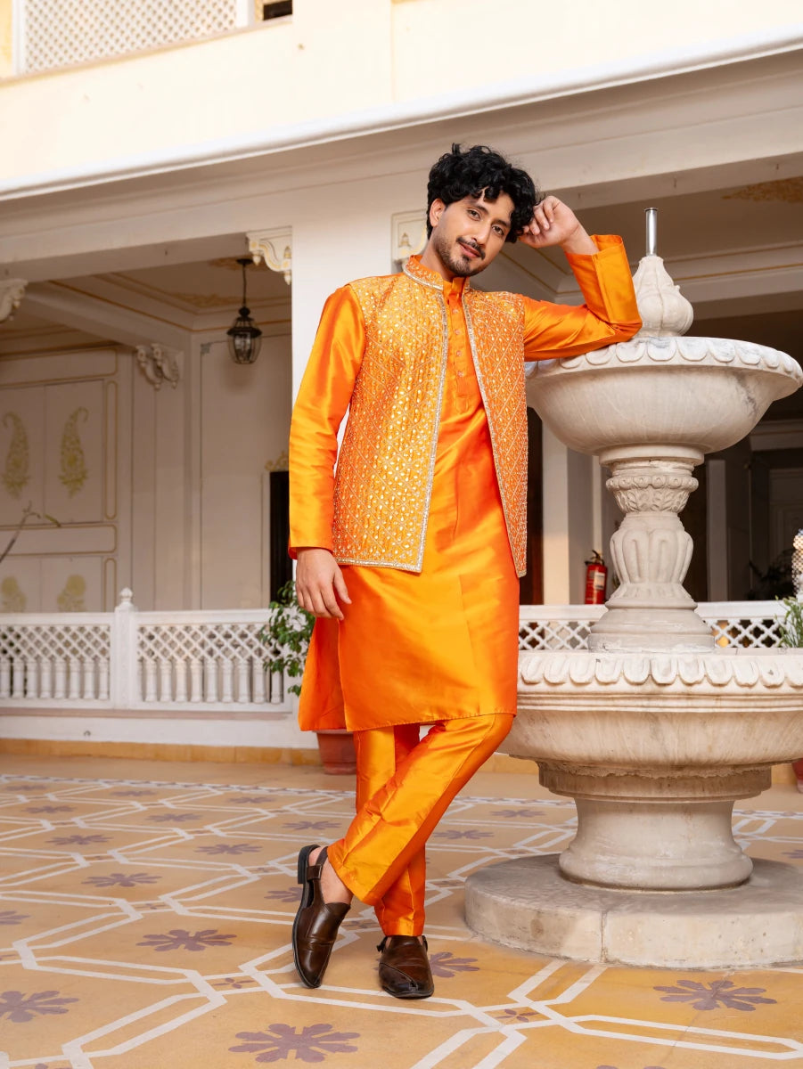 MEN'S LUXE NARANGI SHEESH HAND WORK JACKET WITH KURTA SET - Pomcha Jaipur