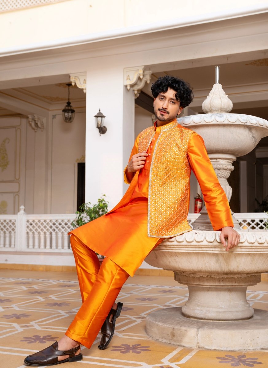 MEN'S LUXE NARANGI SHEESH HAND WORK JACKET WITH KURTA SET - Pomcha Jaipur