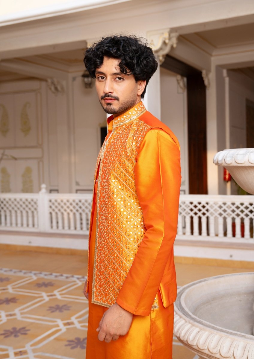 MEN'S LUXE NARANGI SHEESH HAND WORK JACKET WITH KURTA SET - Pomcha Jaipur