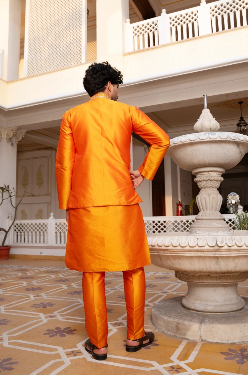 MEN'S LUXE NARANGI SHEESH HAND WORK JACKET WITH KURTA SET - Pomcha Jaipur