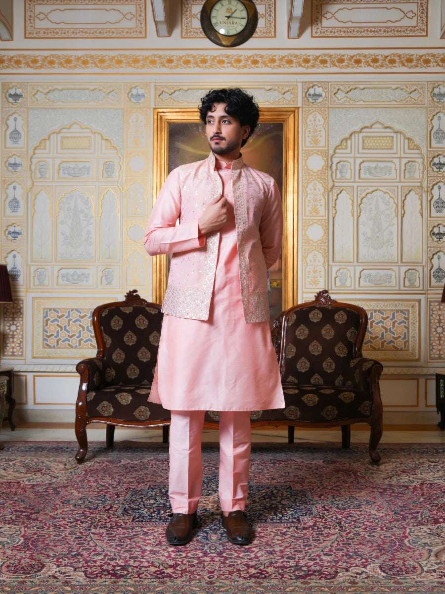 MEN'S LUXE PEACH SILK KURTA SET WITH ZARDOZI HAND WORK NEHRU JACKET - Pomcha Jaipur