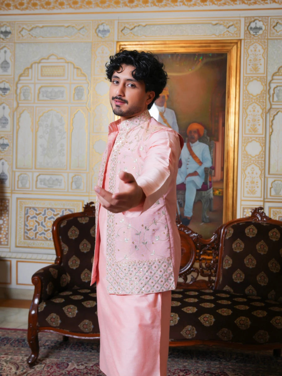 MEN'S LUXE PEACH SILK KURTA SET WITH ZARDOZI HAND WORK NEHRU JACKET - Pomcha Jaipur