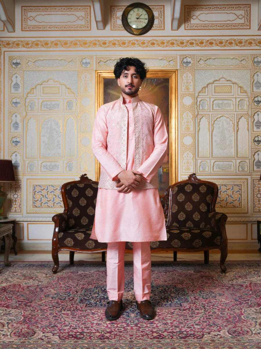 MEN'S LUXE PEACH SILK KURTA SET WITH ZARDOZI HAND WORK NEHRU JACKET - Pomcha Jaipur