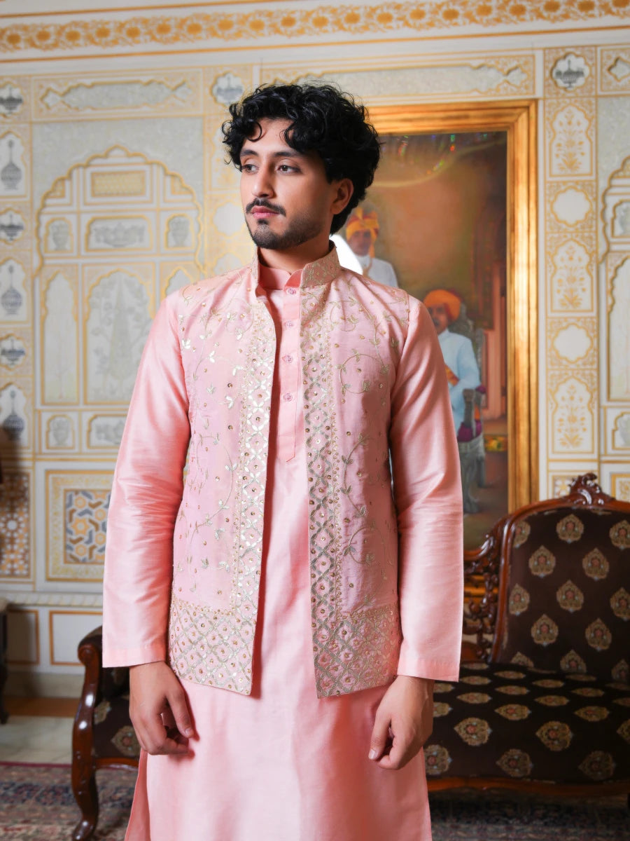 MEN'S LUXE PEACH SILK KURTA SET WITH ZARDOZI HAND WORK NEHRU JACKET - Pomcha Jaipur