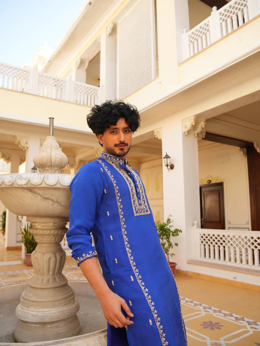MEN'S LUXE SHAHI NEEL ZARDOZI HAND EMBROIDERY MEN'S KURTA SET - Pomcha Jaipur