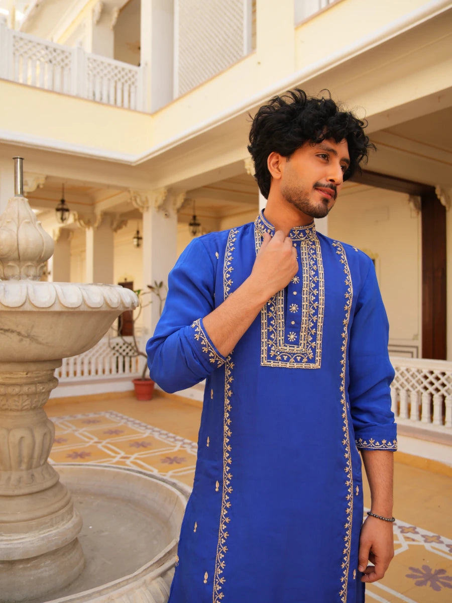 MEN'S LUXE SHAHI NEEL ZARDOZI HAND EMBROIDERY MEN'S KURTA SET - Pomcha Jaipur
