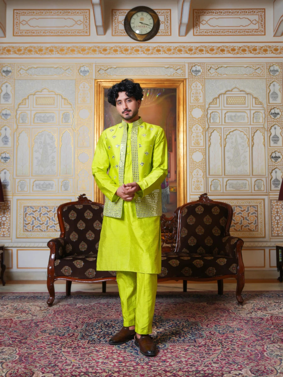MEN'S LUXE TOTA GREEN KURTA SET WITH MIRROR WORK JACKET - Pomcha Jaipur