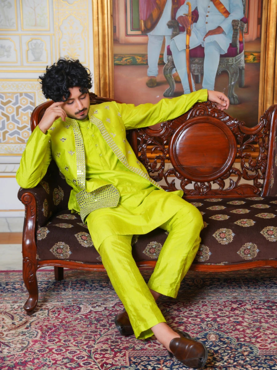MEN'S LUXE TOTA GREEN KURTA SET WITH MIRROR WORK JACKET - Pomcha Jaipur