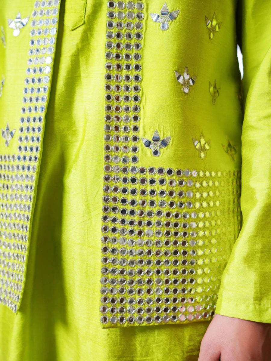 MEN'S LUXE TOTA GREEN KURTA SET WITH MIRROR WORK JACKET - Pomcha Jaipur
