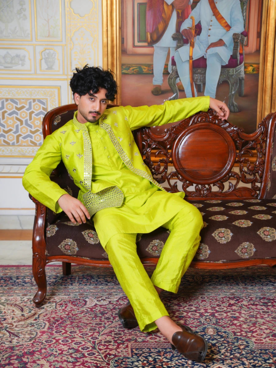 MEN'S LUXE TOTA GREEN KURTA SET WITH MIRROR WORK JACKET - Pomcha Jaipur