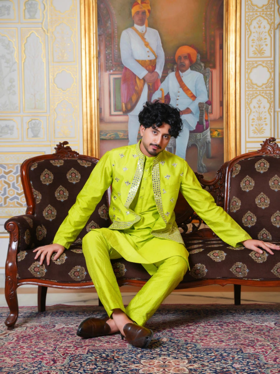 MEN'S LUXE TOTA GREEN KURTA SET WITH MIRROR WORK JACKET - Pomcha Jaipur