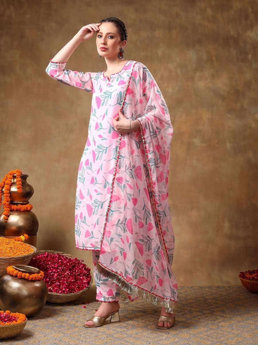 MERAKI AAMIRA PINK FLORAL MUSLIN KURTA SET WITH ORGANZA DUPATTA - Pomcha Jaipur