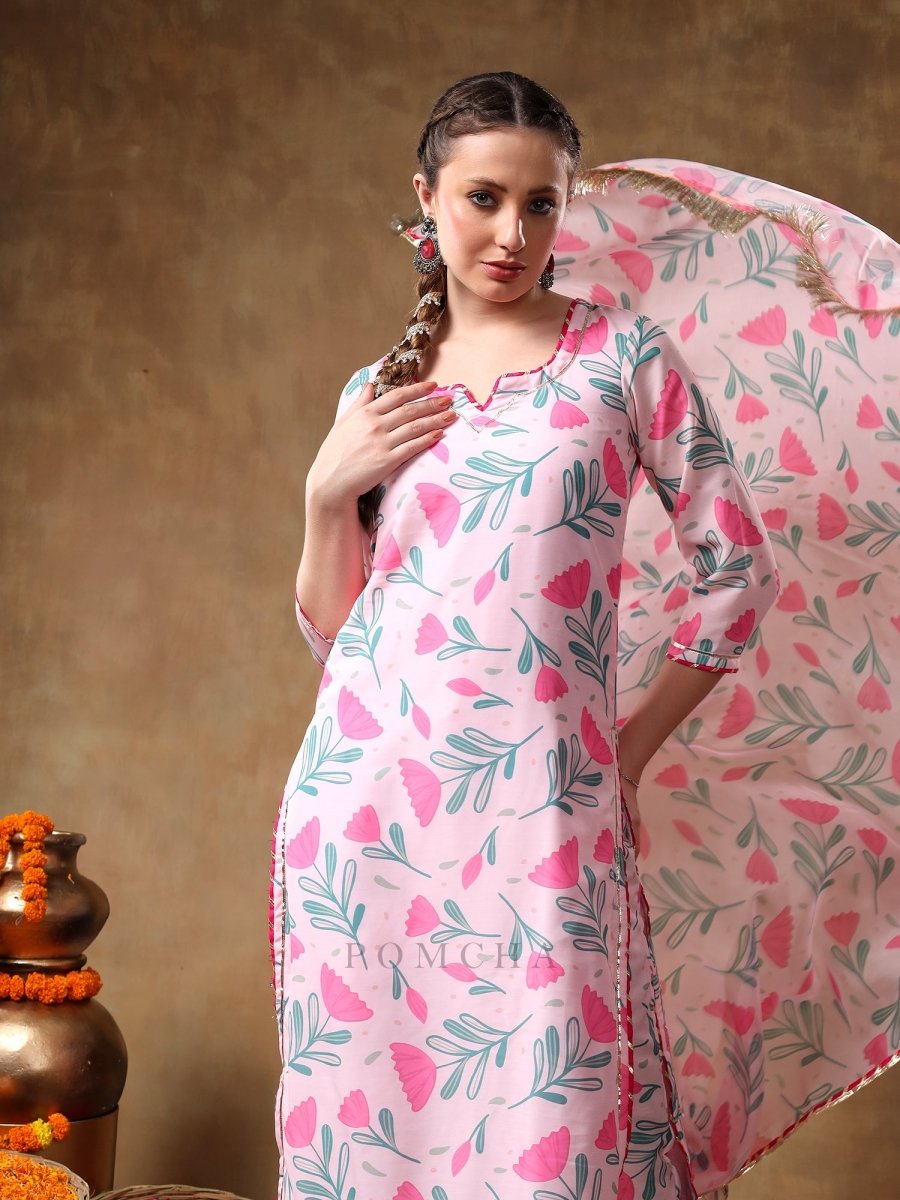 MERAKI AAMIRA PINK FLORAL MUSLIN KURTA SET WITH ORGANZA DUPATTA - Pomcha Jaipur