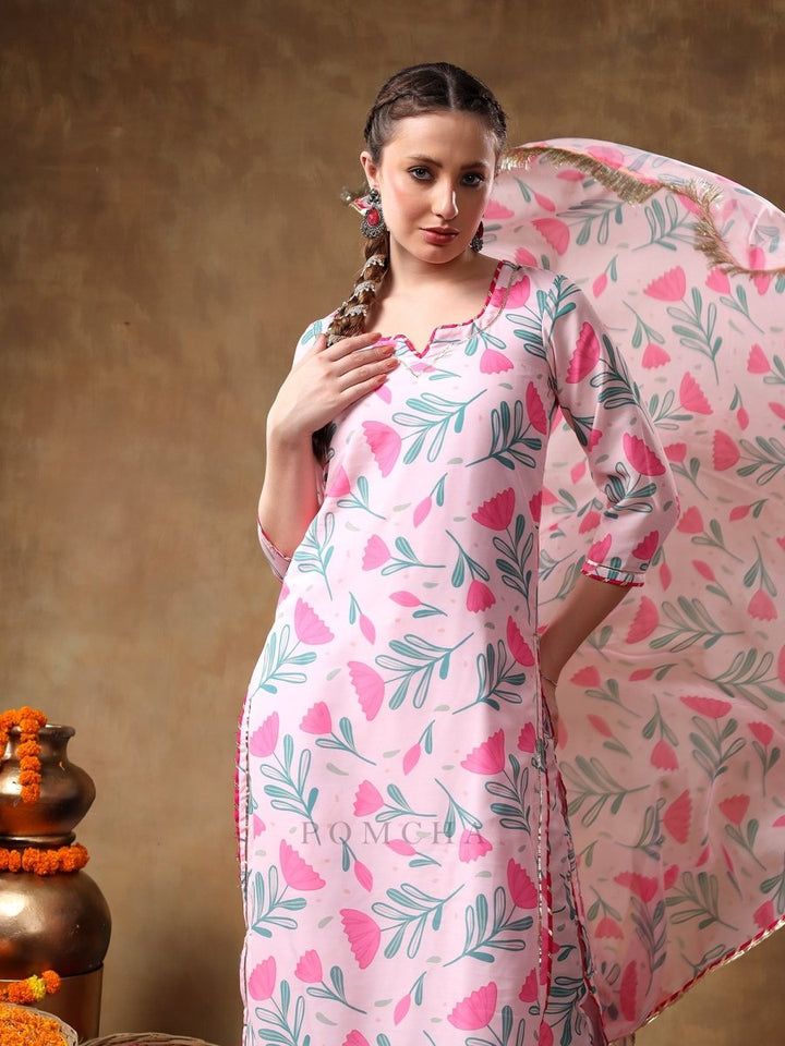 MERAKI AAMIRA PINK FLORAL MUSLIN KURTA SET WITH ORGANZA DUPATTA - Pomcha Jaipur