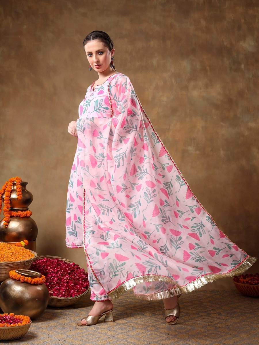 MERAKI AAMIRA PINK FLORAL MUSLIN KURTA SET WITH ORGANZA DUPATTA - Pomcha Jaipur