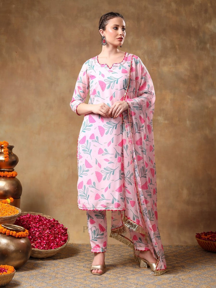 MERAKI AAMIRA PINK FLORAL MUSLIN KURTA SET WITH ORGANZA DUPATTA - Pomcha Jaipur