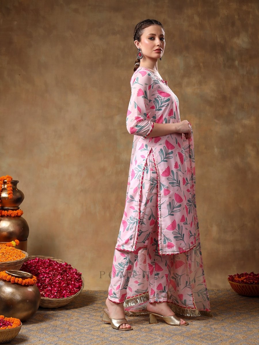 MERAKI AAMIRA PINK FLORAL MUSLIN KURTA SET WITH ORGANZA DUPATTA - Pomcha Jaipur