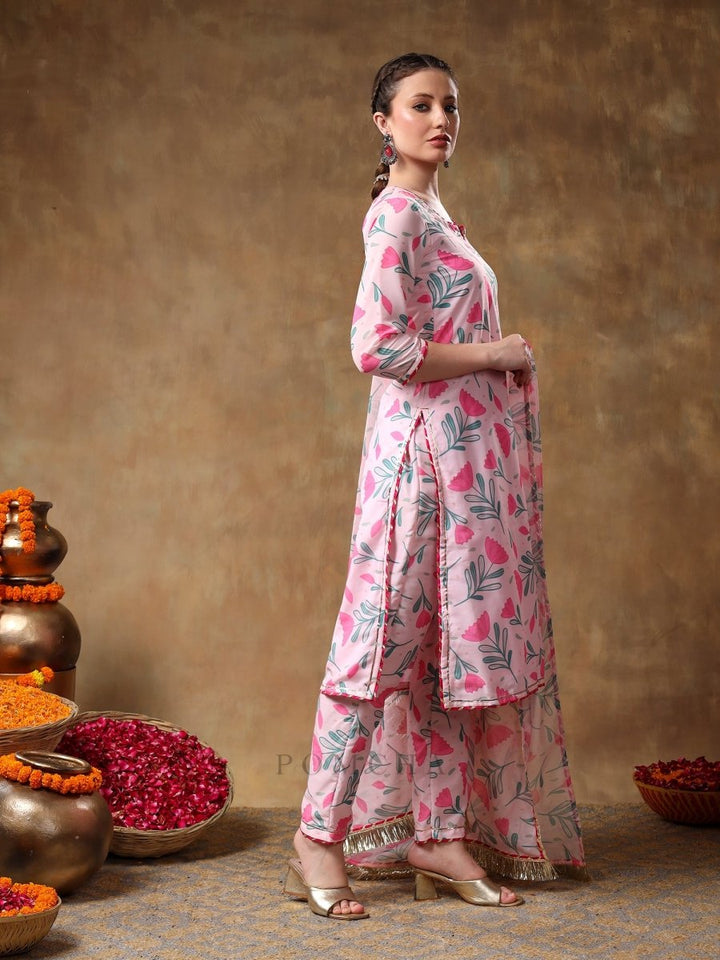MERAKI AAMIRA PINK FLORAL MUSLIN KURTA SET WITH ORGANZA DUPATTA - Pomcha Jaipur