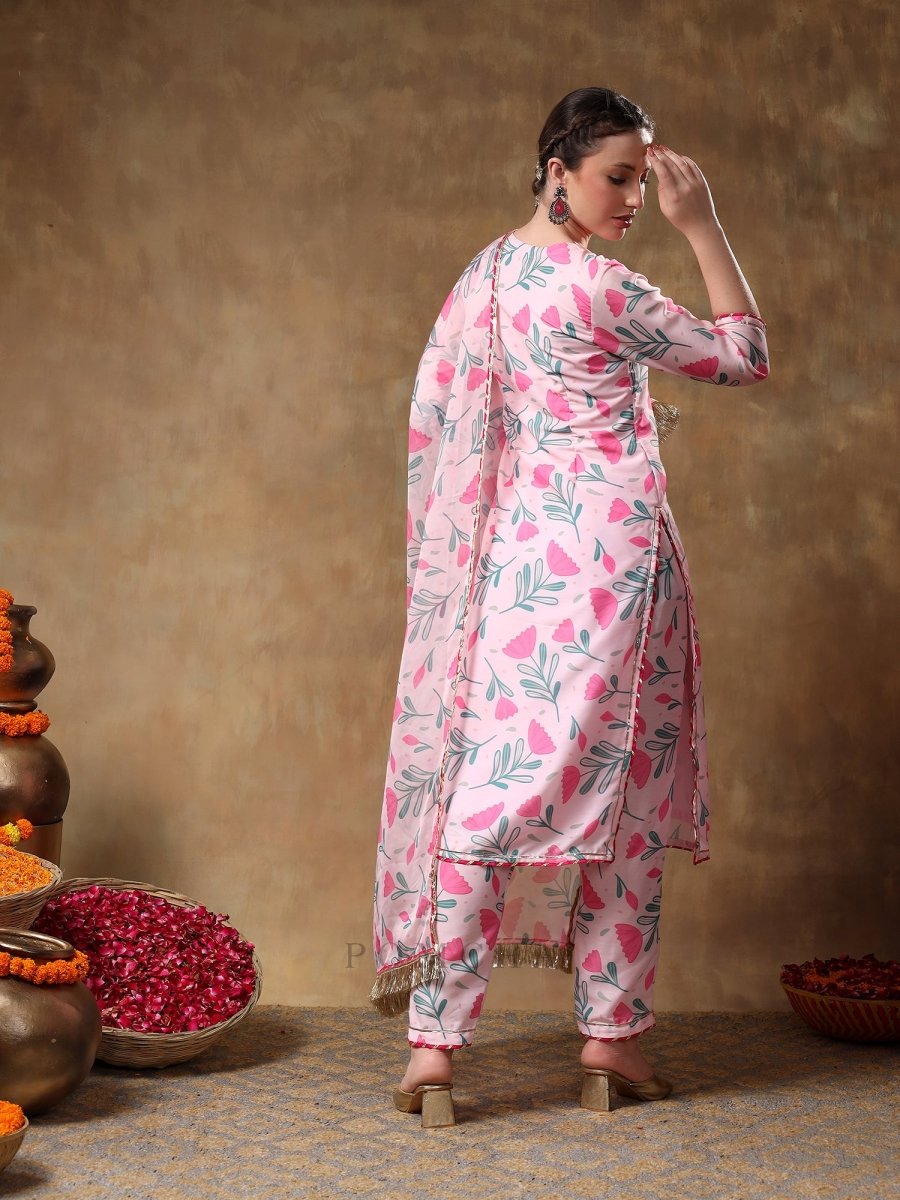 MERAKI AAMIRA PINK FLORAL MUSLIN KURTA SET WITH ORGANZA DUPATTA - Pomcha Jaipur