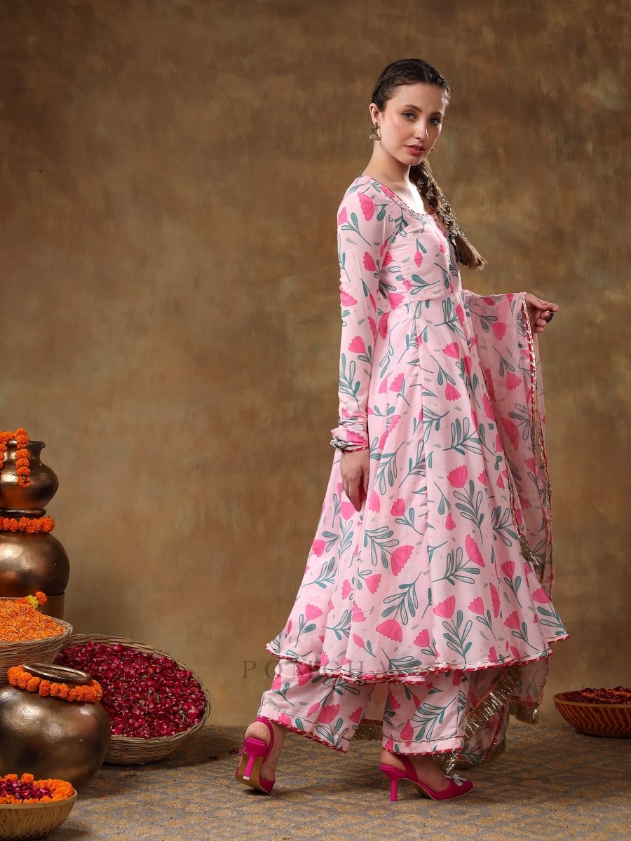 MERAKI AAMIRA PINK FLORAL MUSLIN PRINTED ANARKALI SET WITH ORGANZA DUPATTA - Pomcha Jaipur