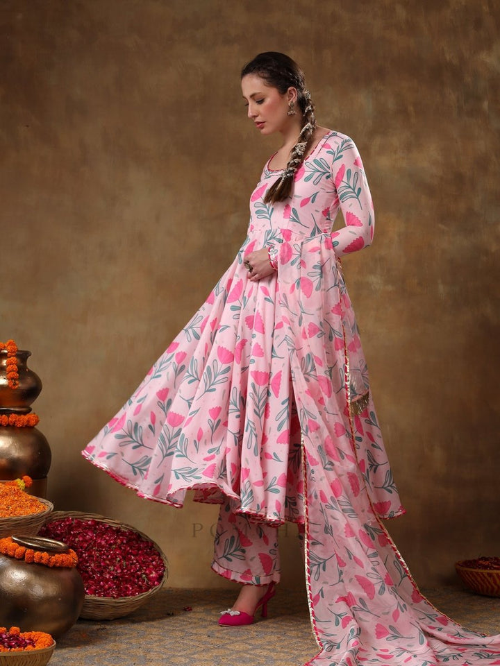 MERAKI AAMIRA PINK FLORAL MUSLIN PRINTED ANARKALI SET WITH ORGANZA DUPATTA - Pomcha Jaipur