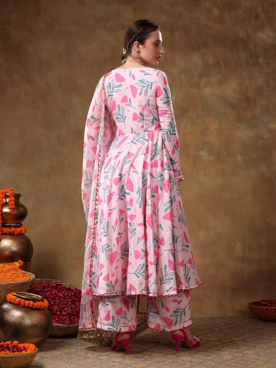 MERAKI AAMIRA PINK FLORAL MUSLIN PRINTED ANARKALI SET WITH ORGANZA DUPATTA - Pomcha Jaipur