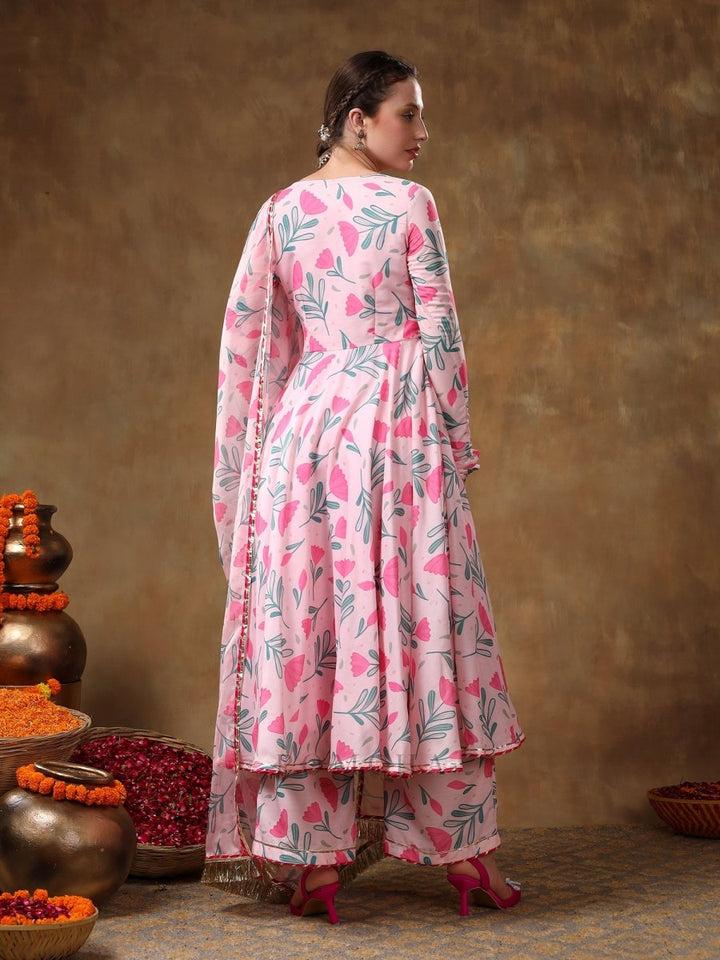 MERAKI AAMIRA PINK FLORAL MUSLIN PRINTED ANARKALI SET WITH ORGANZA DUPATTA - Pomcha Jaipur