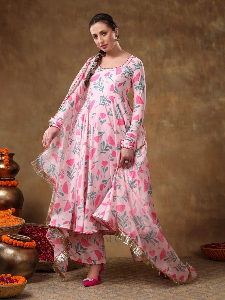 MERAKI AAMIRA PINK FLORAL MUSLIN PRINTED ANARKALI SET WITH ORGANZA DUPATTA - Pomcha Jaipur