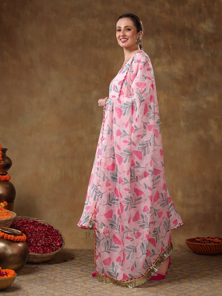 MERAKI AAMIRA PINK FLORAL MUSLIN PRINTED ANARKALI SET WITH ORGANZA DUPATTA - Pomcha Jaipur